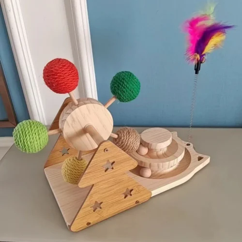 3-in-1 Multi-Functional Interactive Cat Toy Set, Solid Wood Built