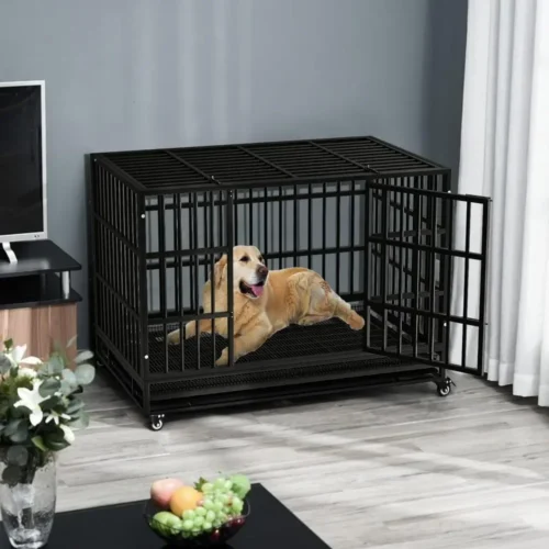 48/38 inch Heavy Duty Indestructible Animal Crate, Escape Proof Kennel with Lockable Wheels