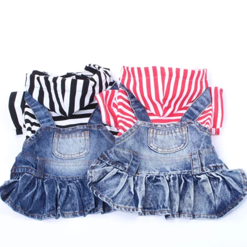 Denim Dog Dress  Striped &Pocket Design