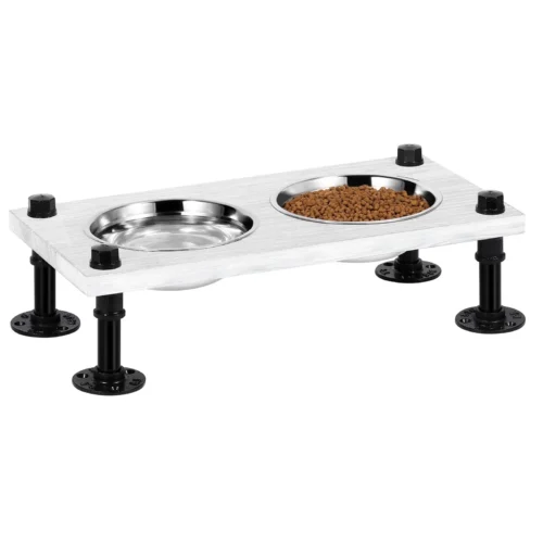 Elevated Pet  Food & Water Bowls with 2 Stainless Steel Dog Bowls Small Dog Bowls with Non-Slip Base and Wooden Surface
